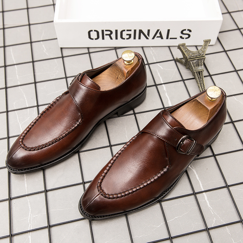 Men Classic Monk Shoes Solid Color PU Stitching Pointed Toe Low Heel Single Buckle Fashion Business Casual Party Dress Shoes