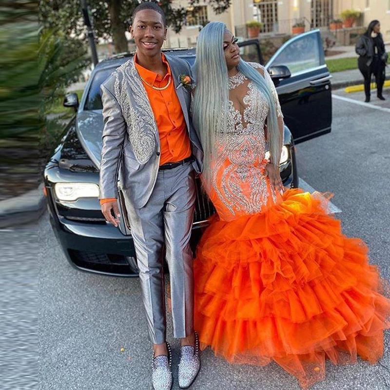 Aso Ebi Style Plus Size Orange Mermaid Prom Dresses Full Sleeves Sheer Applique Lace Tiered Ruffles Evening formal engagemtn Gown