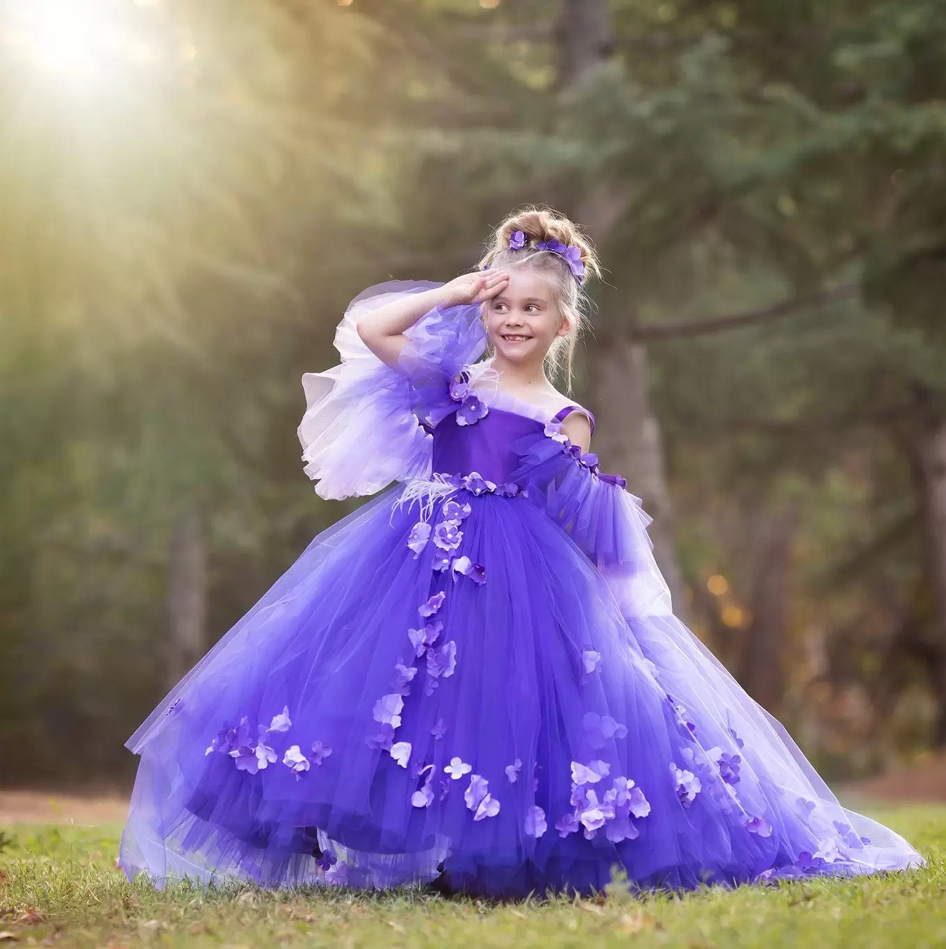 Purple Appliqued Flower Girl Dresses For Weddings Ball Gown Off Shoulder Floral Communion Dresses Birthday Photoshoot Gowns