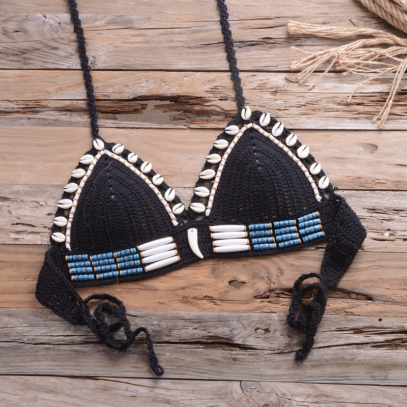 Have Lining Sexy Handmade Crochet Bikini Push Up Swimsuit Triangle Bathing Suit Women Halter Seashell Set Padded Swimwear 220611