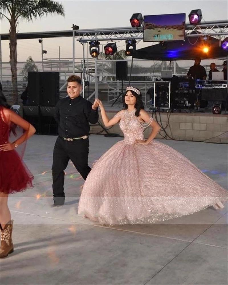 2022 Sexy Bling Rose Gold Blush Pink Sequined Lace Quinceanera Dresses High Neck Crystal Beading Off Shoulder Ball Gown Vestidos De Dress Guest Corset