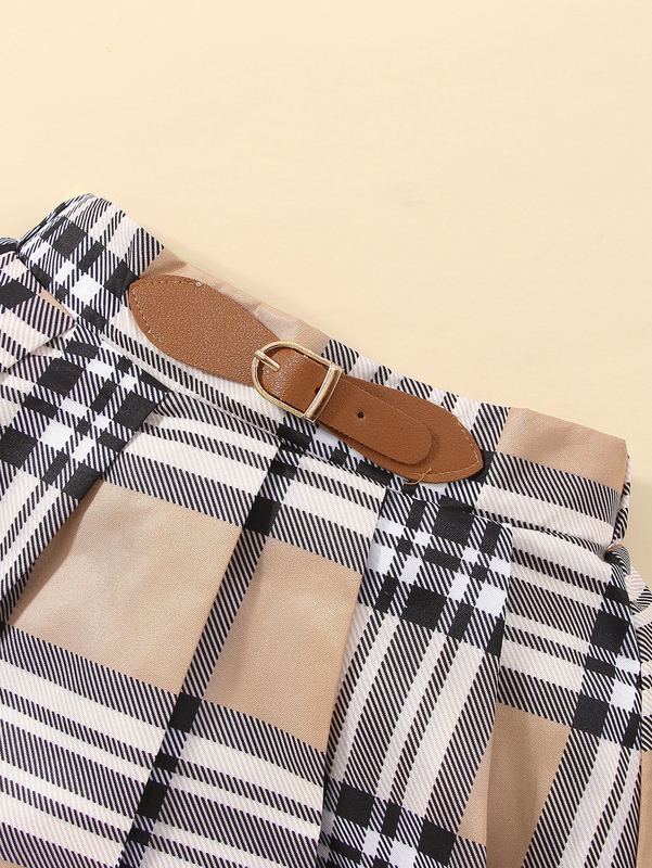 Toddler Girls Puff Sleeve Tee & Plaid Buckled Pleated Skirt SHE