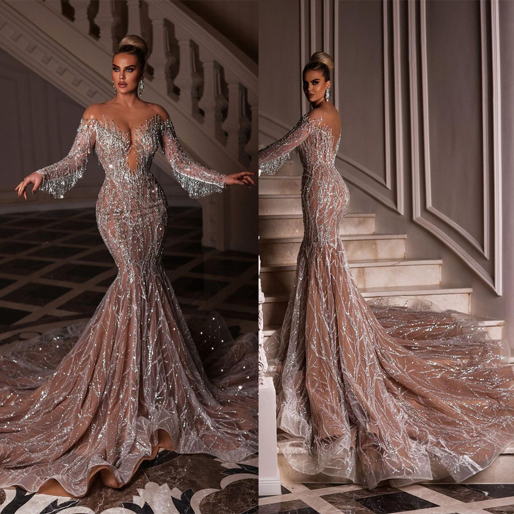 Sexy Mermaid Wedding Dress With Long Sleeve V-Neck Strpapless Lace Illusion Bodice Organza Formal Ocn Custom Made Tulle Or-Length Lz0304
