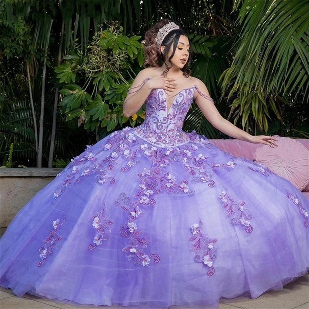 Luxury Lilac Lavender Ball Gown Quinceanera Dresses With Cape Lace Appliqued Flowers Beaded Corset Vestido De 15 Anos Floor Length Princess Sweet 16 D