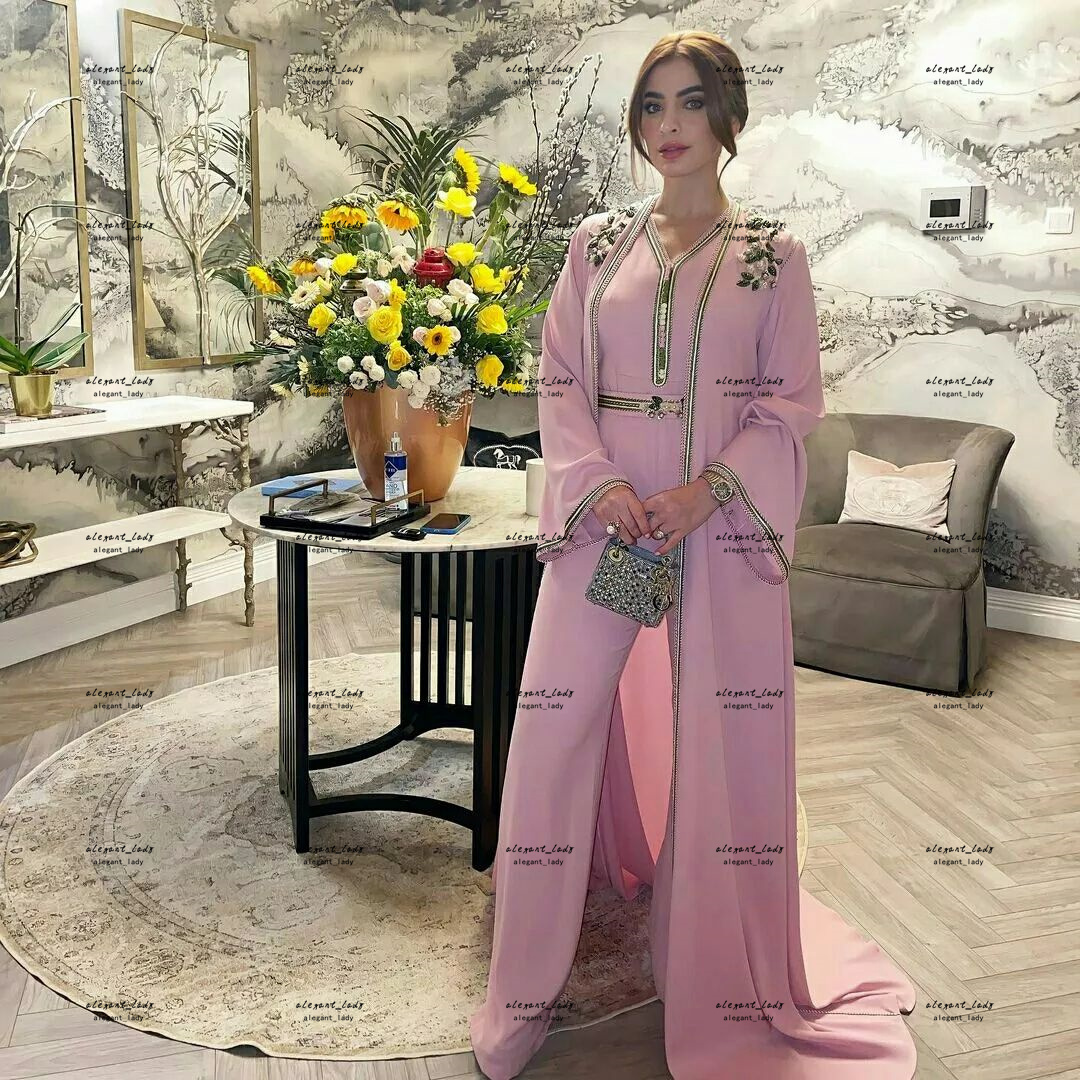 Pink Prom Jumpsuit Dresses Combination MashaAllah Long Sleeve Coat Jacket Floral Caftan Kaftan Outfit Evening Gown pant suit