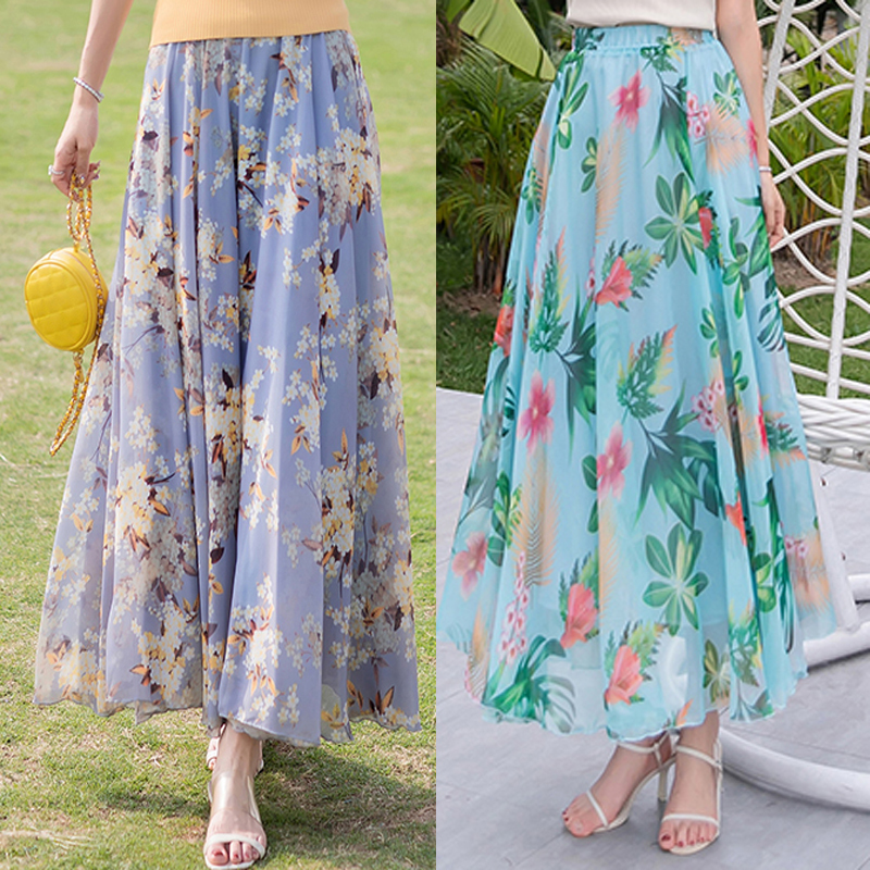 Women Elastic Waist Chiffon Elegant Printed Long Skirt Female Bohemia Beach Holiday silk-like With Big Hem 220322