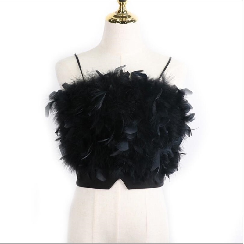 Fashion Women Sexy Furry Tops Camis Casual Tank Vest Sleeveless with Real Ostrich Feather T02 220325