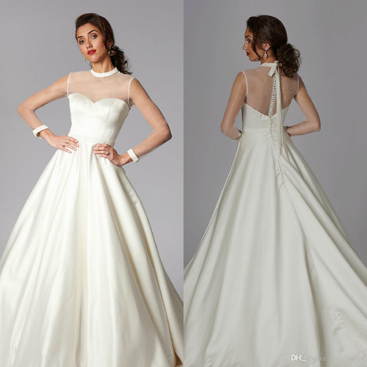 Covered Back beach princess Wedding Dresses Sheer Neck Long Sleeve Satin Plus Size Wedding Dress Sweep Train Robes De Mariee