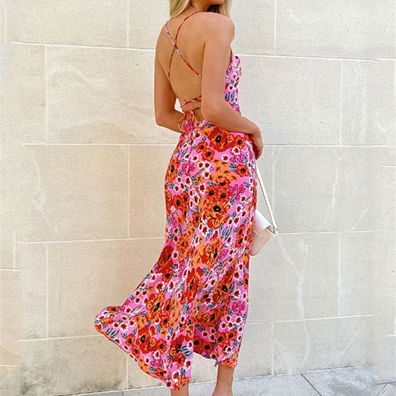 Foridol Backless Criss-cross Red Long Floral Dress Robe Female Sundress Sleeveless Boho Maxi Spaghetti Strap Lady Elegant Dress 220511