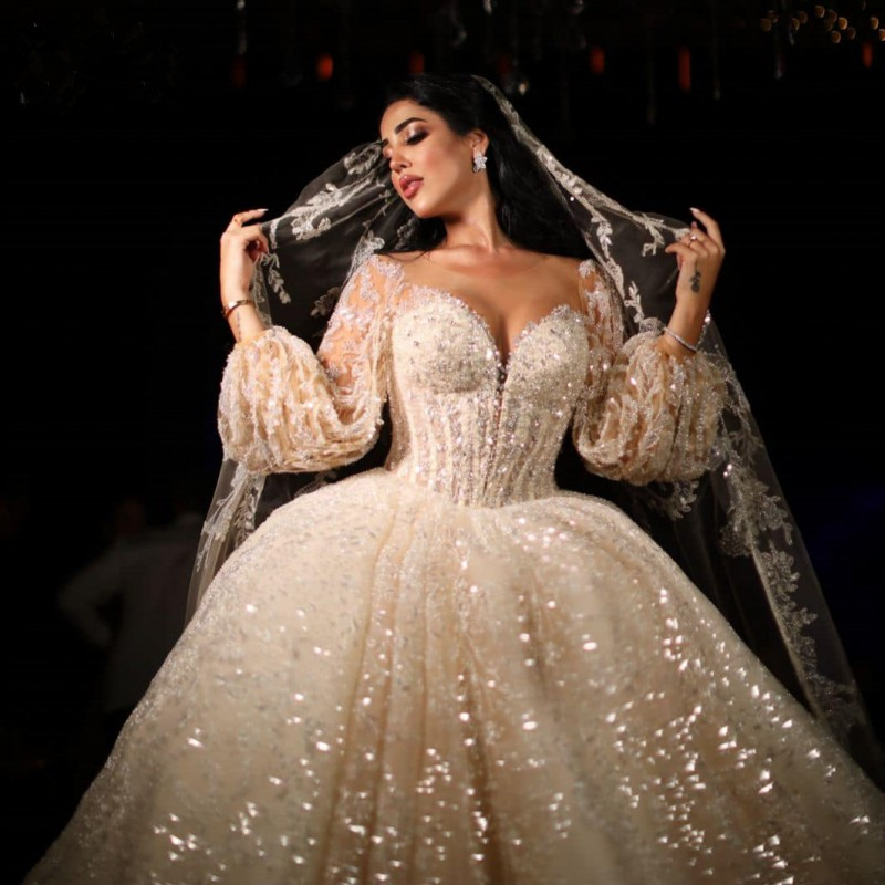 Princess Ball Gown Wedding Dresses Bridal Gowns V Neck Lace Strapless Long Sleeve Appliqued Sequins or Length Train Plus Size Robe De Mariee Custom Ma