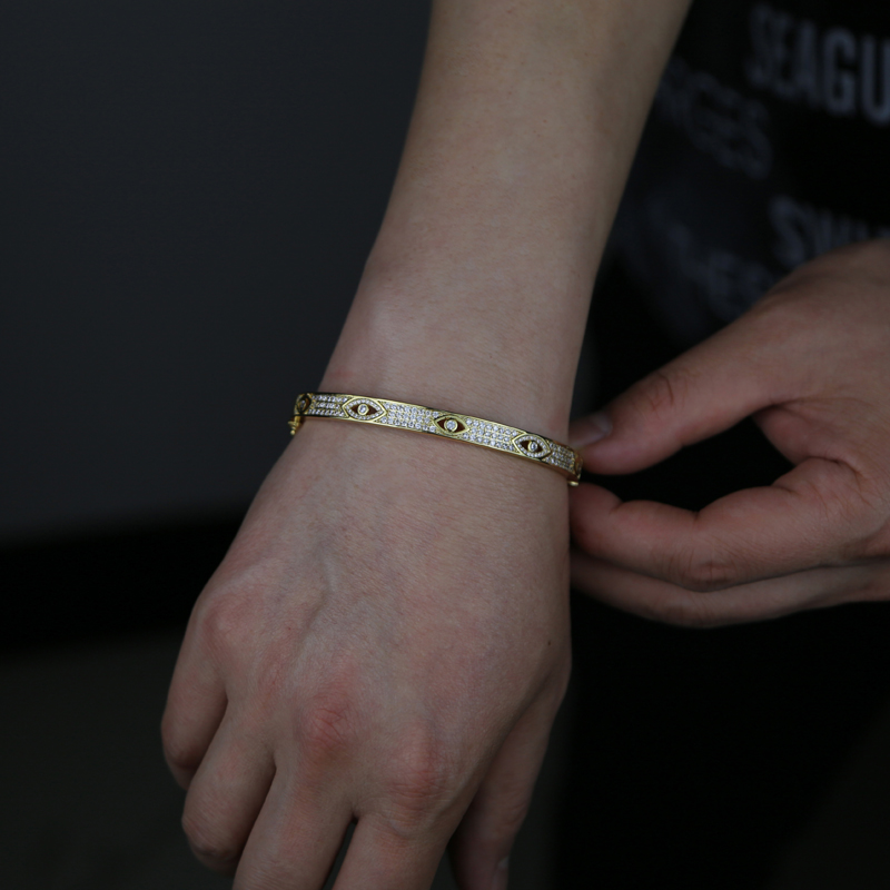 Gold Plated Turkish Evil Eye Bangle Bracelet for Women and Men, Micro Paved Clear Full Cubic Zirconia Jewelry