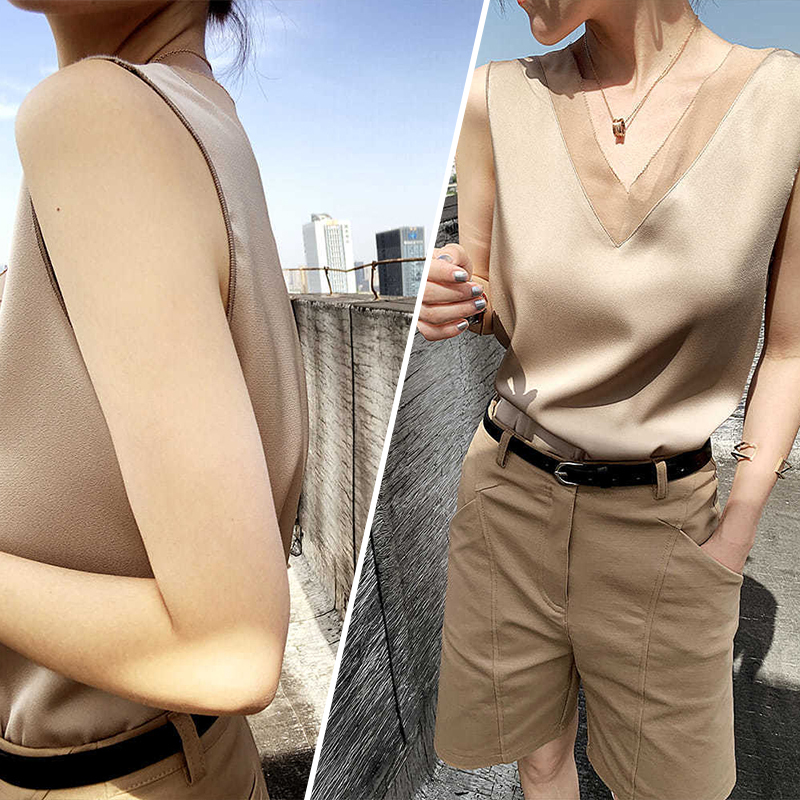 WYBLZ Women's Black White Blouses Summer Elegant Tunic Vest Vintage Office Oversized Satin Silk Blouse Chiffon Tops Shirt Femme 220316