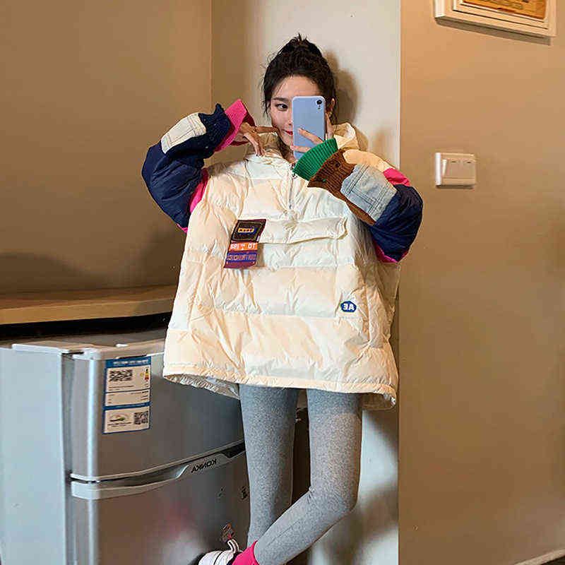 Qingwen Women Winter Thick Fashion Patchwork Hooded Sweater Casual Down Jacket Female 2022 Loose Warm Overcoat Down Jacket Parka L220725