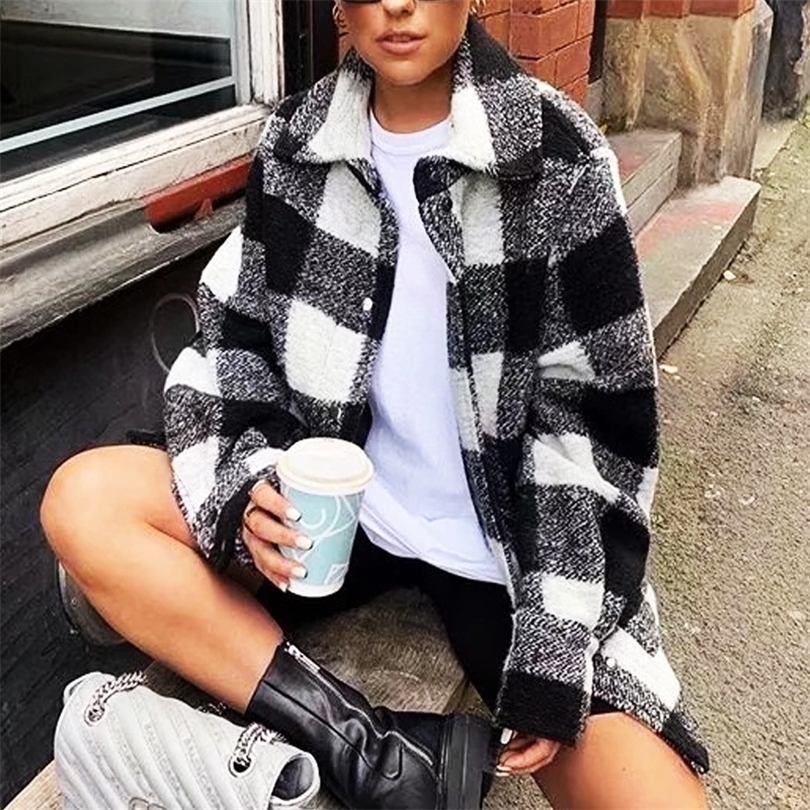 Fall Clothes for Women Shirt Woolen Coat New Autumn and Winter Fashion Black and White Lattices Overcoat for Women jackets 201112