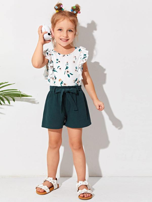 Toddler Girls Floral Print Ruffle Trim Tee & Belted Shorts SHE