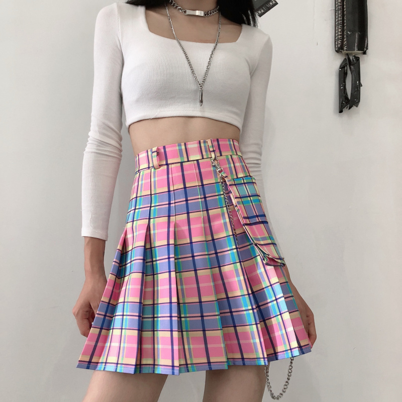 Summer Plaid Y2k Kawaii Pink Woman Mini Skirts Aesthetic A Line Pleated Harajuku Gothic Rainbow Sexy Club Women's 220317