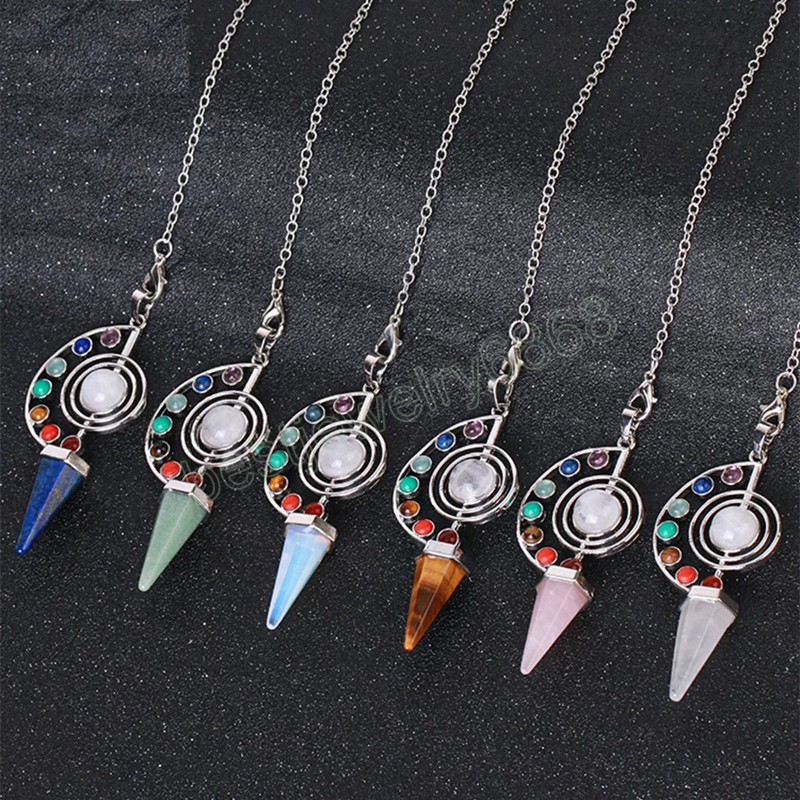 7 Chakra Crystal Pendulum for Dowsing Divination Healing Natural Stone Cone Pendant Pendulo Balancing Pendulum Amulet