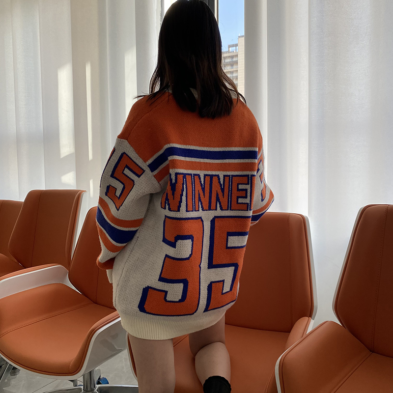 DAYIFUN Women Orange Sweaters Japanese Loose Outer Wear Hedging Thick Midlength Knit Pullovers Lady Letter Oversized Jumpers 220817