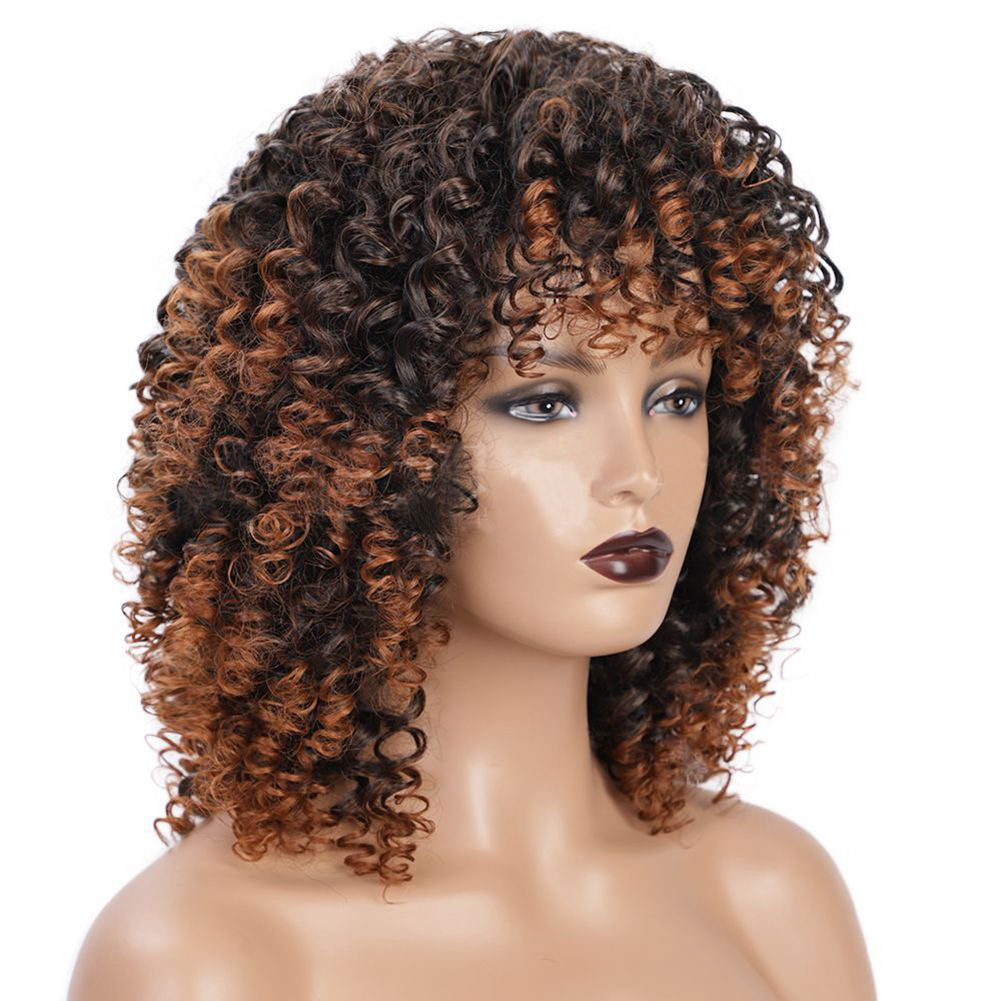Beautiful Short Curly Synthteic Hair Wigs with Bangs for Black Women Afro Curly wig Brown Ombre Color Wave wig