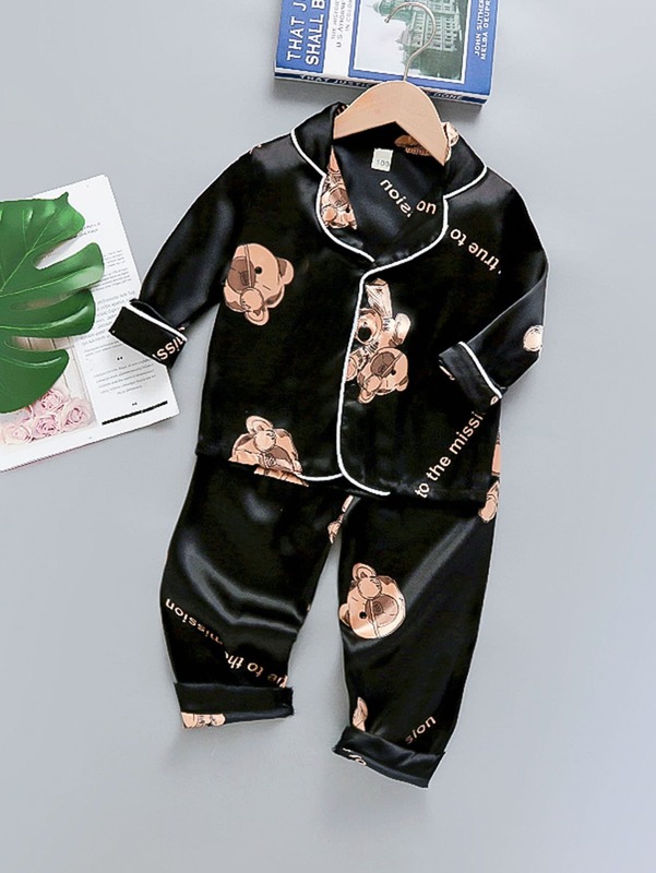 Toddler Boys Bear & Letter Graphic Contrast Piping Satin PJ Set SHE