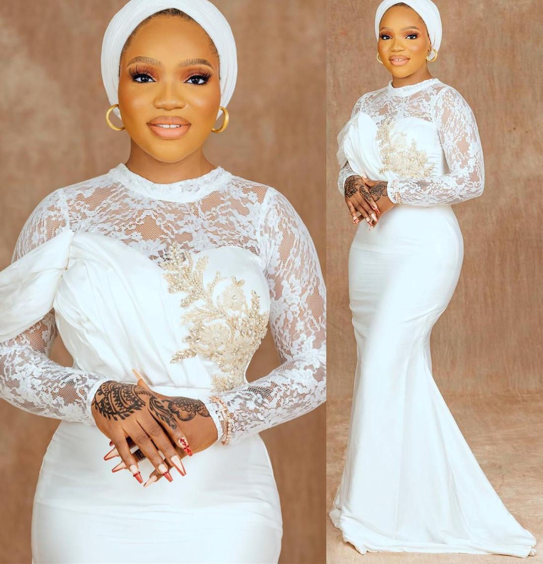 Arabic Style Mermaid Wedding Dresses High Neck Long Sleeves Lace Appliques Sweep Train Bridal Party Gowns 322
