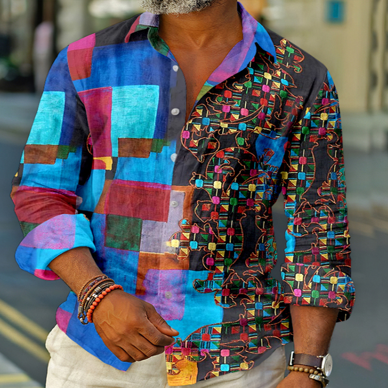 Spring Summer Casual Loose Long Sleeve Shirts Mens Vintage Pattern Printed Shirt For Men Fashion Buttoned Lapel Tops Streetwear 220322