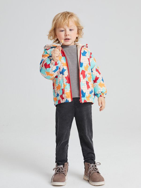 Toddler Boys Geo & Windowpane Print Raglan Sleeve Zipper Hooded Puffer Coat SHE