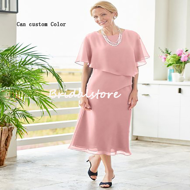Summer Pink Blue Mother Of The Bride Dresses 2022 Chiffon Tea Length Short Sleeve Wedding Guest Dress For Groom Mom Elegant African Women Party Evenin