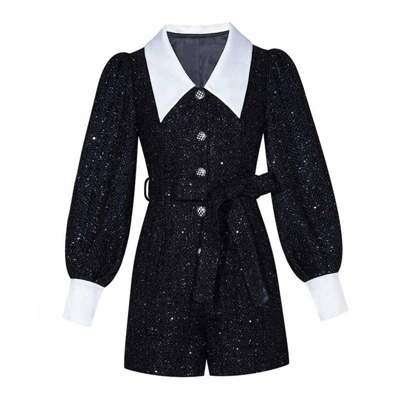 Women' Jumpsuits & Rompers Color Block White Collar Cuffs Lantern Sleeve Wide Belt Buttons Tweed Playsuits Black Shorts One Piece
Women' Jumpsuits & Rompers Color Block White Collar Cuffs Lantern Sleeve Wide Belt Buttons Tweed Playsuits Black Shorts One Piece