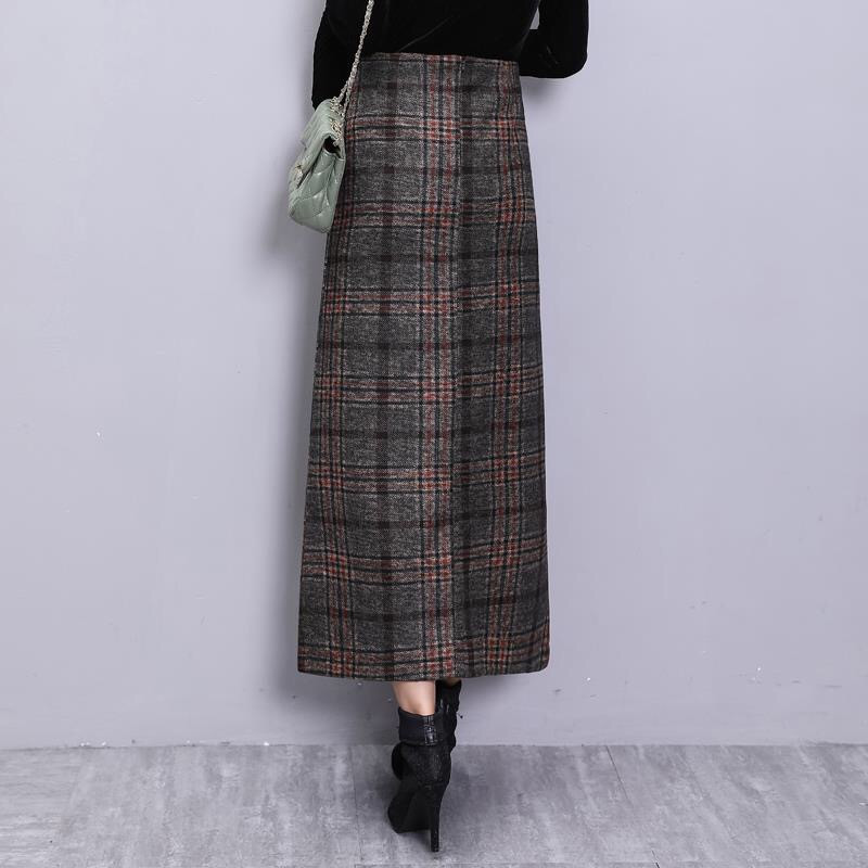 Elegant Retro Female Hight Waist Woolen Long Plaid Skirt Women Casual Straight Vintage Fashion Maxi Jupe Longue Femme Slim 220317