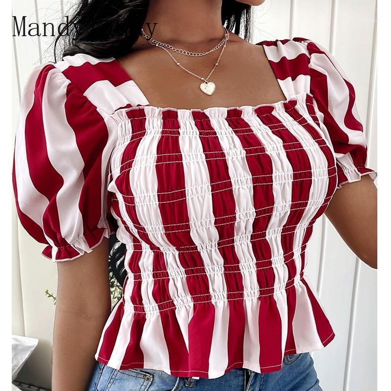 Women' Blouses & Shirts Mandylandy Summer Striped Waist Trimming Short Top Print Tie Front And Vintage Sexy Shirt Tops Chic, Red
Women' Blouses & Shirts Mandylandy Summer Striped Waist Trimming Short Top Print Tie Front And Vintage Sexy Shirt Tops Chic, Red