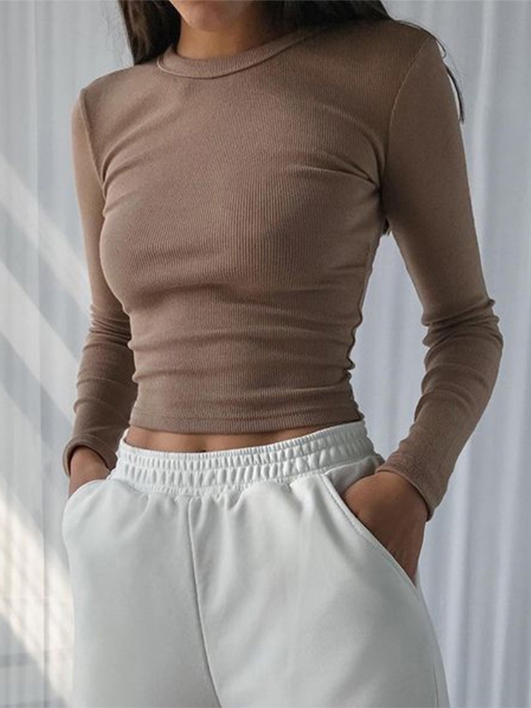 O Neck Long Sleeve Shirt Women Ribbed Sexy Cropped Tops Spring Black Casual Skinny Slim Basic Woman T Shirts White 220816