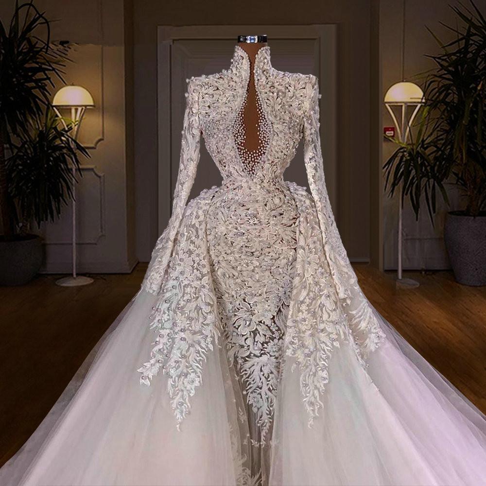 Arabic Aso Ebi Luxury Mermaid Wedding Dresses with Detachable Train High Neck Long Sleeve Lace Pearls Princess Bridal Gown robes de mariée