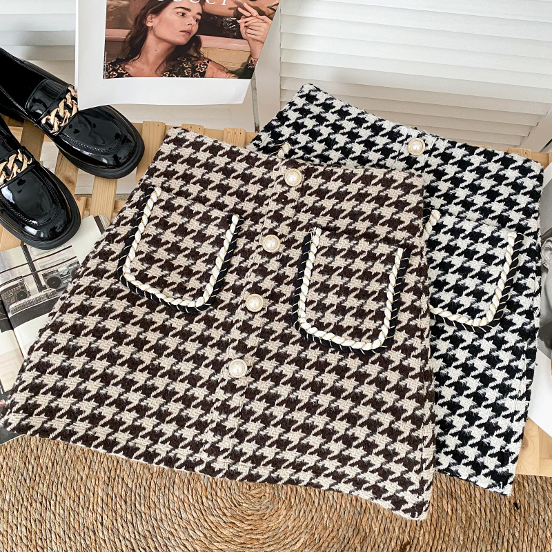 Tweed Skirts for Women Solid High Waist Slimming Skirts Autumn Spring Buttons Double Breasted Tweed Wool Mini Skirt 220711