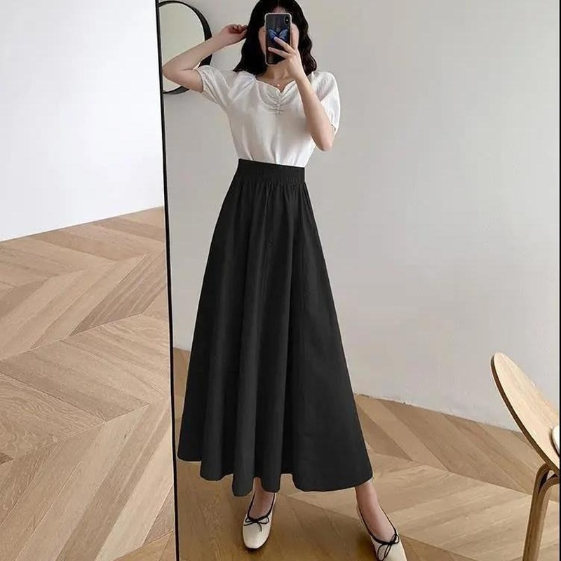 Skirts Women Solid Midcalf Elegant Korean Style Retros Spring Loose High Waist Aline Fashion Allmatch Chic Midi Faldas 220701