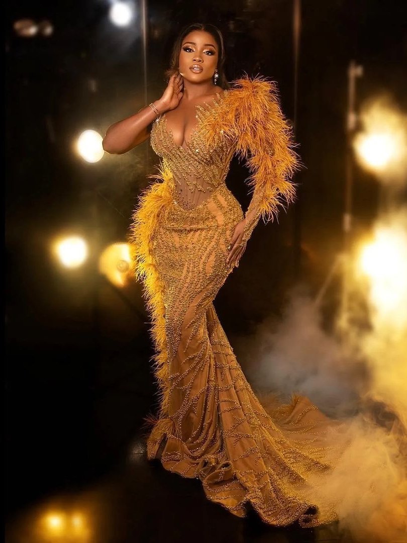 Yellow Mermaid Prom Dresses Princess Lace Appliques Sequins One Long Sleeve Puff Tulle Lace Feather One Shoulder Floor Length Party Gowns Plus Size Cu