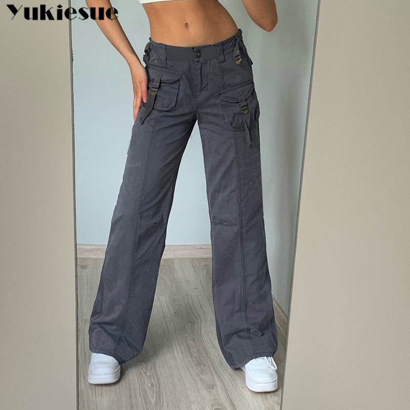 Retro gray overalls wide leg cargo women pant's trousers sexy low waist loose casual vintage streetwear 220325