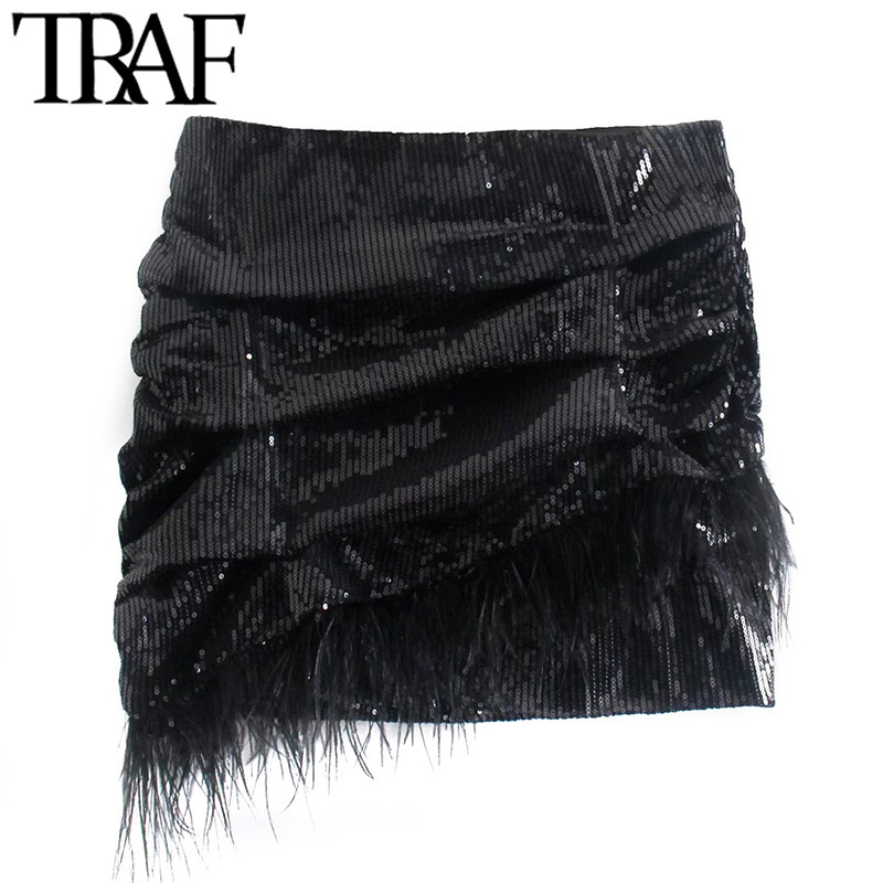 TRAF Women Chic Fashion With Tassel Pleated Sequin Party Mini Skirt Vintage High Waist Side Zipper Female Skirts Mujer 220322