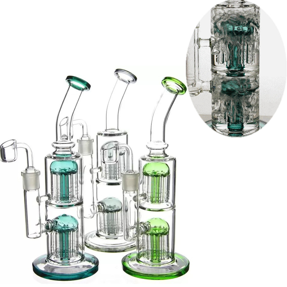 

Glass Hookahs Double Chamber Arm Tree Perc Bongs Diffuser Water Pipes Oil Burner Bubbler Dab Rig Shisha with Banger 14mm Joint Blue Purple Dark Green Color