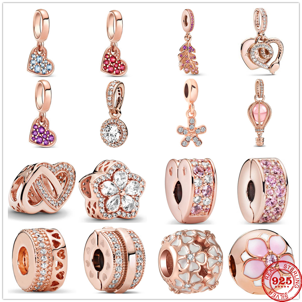 

925 Silver Fit Pandora Charm 925 Bracelet Rose Gold Openwork Woven Infinity Daisy Hot Air Balloon Clip charms set Pendant DIY Fine Beads Jewelry