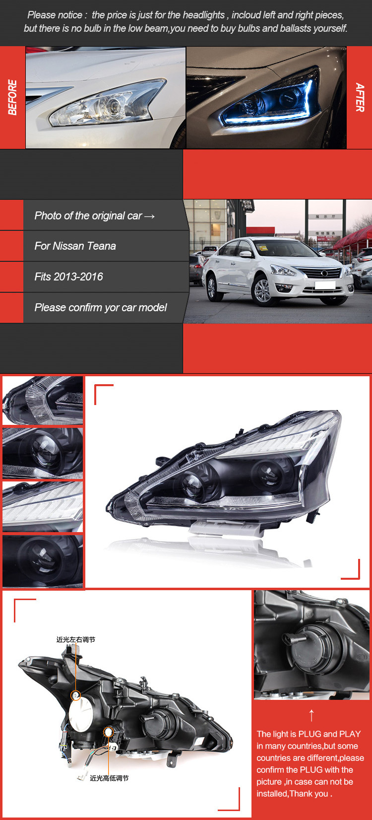 Cars Headlight For Teana 2013-16 Headlights LED Altima DRL Running Lights Bi-Xenon Beam Fog Lights Angel Eyes Auto