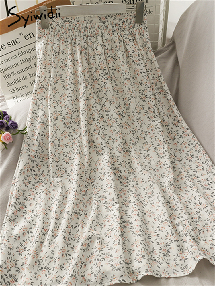 Syiwidii Vintage Floral Print Chiffon Long Skirts for Women Elastic High Waist Spring Summer Y2k Boho Elegant Midi Skirt 220701