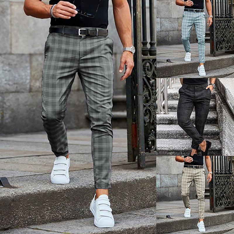 Mens Plaid Check Casual Trousers Skinny Stretch Chinos Slim Fit Pant For Stylish Gentlemen