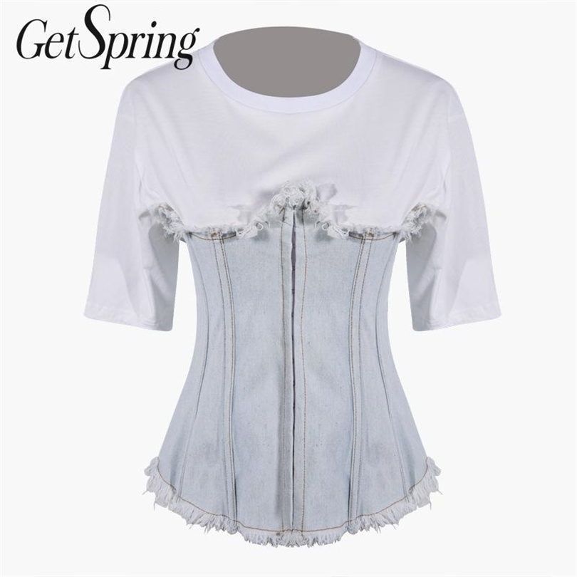GetSpring Women T Shirt White Cotton Tshirt Corsets Denim Tee Shirts Spliced Short Sleeve Top Slim Women Tops Tee Tops T200110
