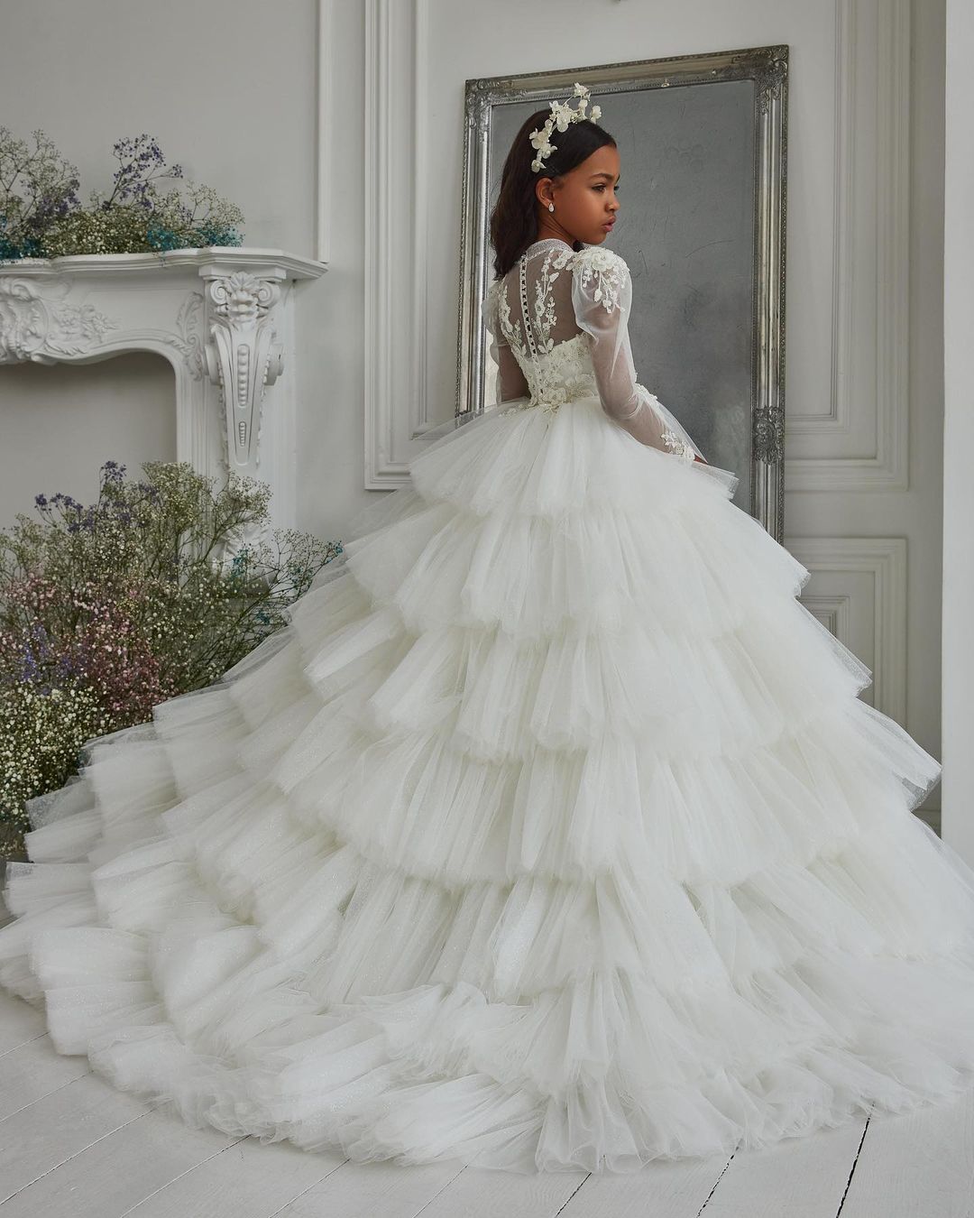 Long Sleeve Flower Girl Dresses Tiered Skirts Little Kids Birthday Party Dresses A Line Princess Toddler Christmas Gowns