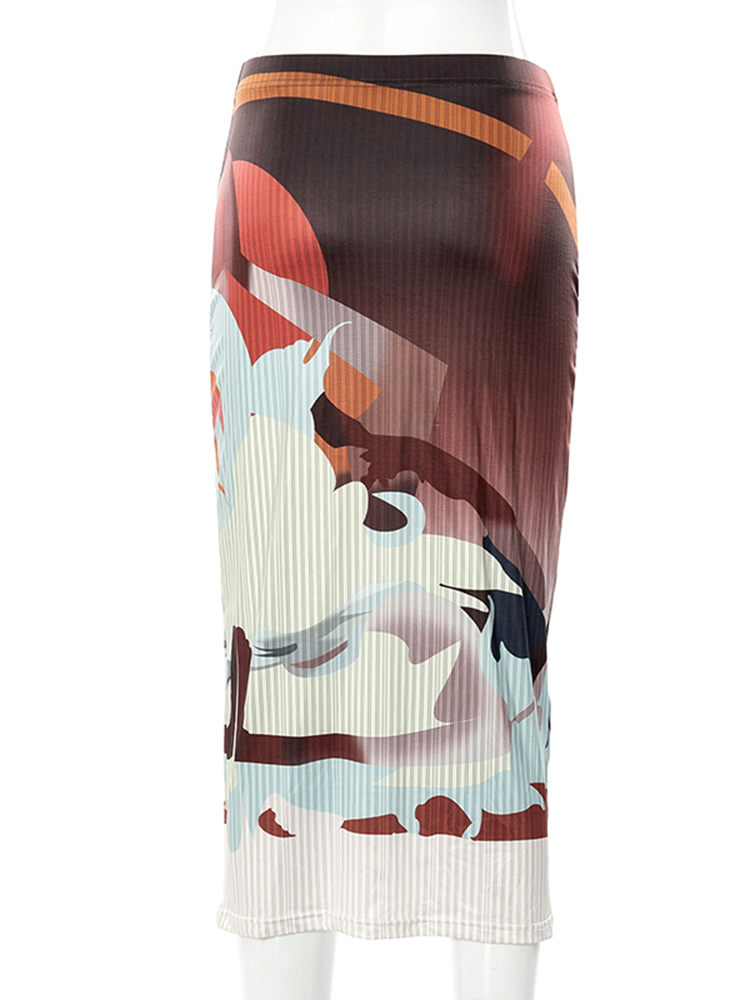 Sisterlinda Vintage Art Print Y2K SlimFit Long Skirt Women Casual Commuting Elegant Wild Mid Skirt Trend Party Activity Bottoms 220701