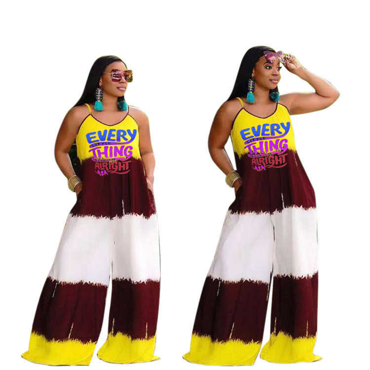 large women's letter printed pocket suspender Jumpsuit XL-5XL