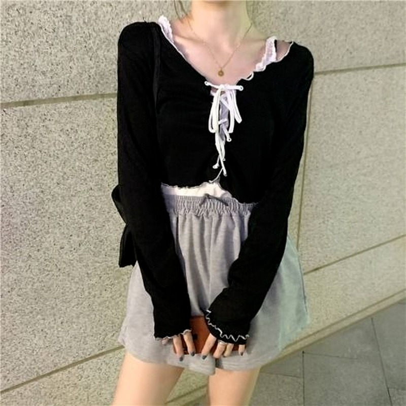 Women Long Sleeve T-shirts Lace-up Cardigan Patchwork Ruffles Trendy Sweet Lovely Crop Tops Sexy Females Coat Leisure Outwear 220328