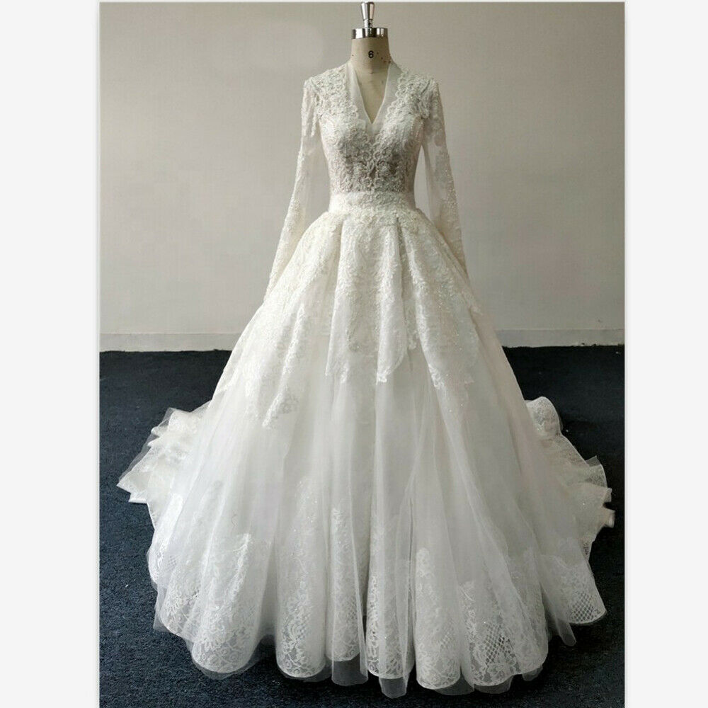 Vintage Muslim Wedding Dress 2022 V Neck Appliques Lace Country Party Wedding Dresses Long Sleeve Church Bridal Gowns Vestidos De Novia Women Arabic R