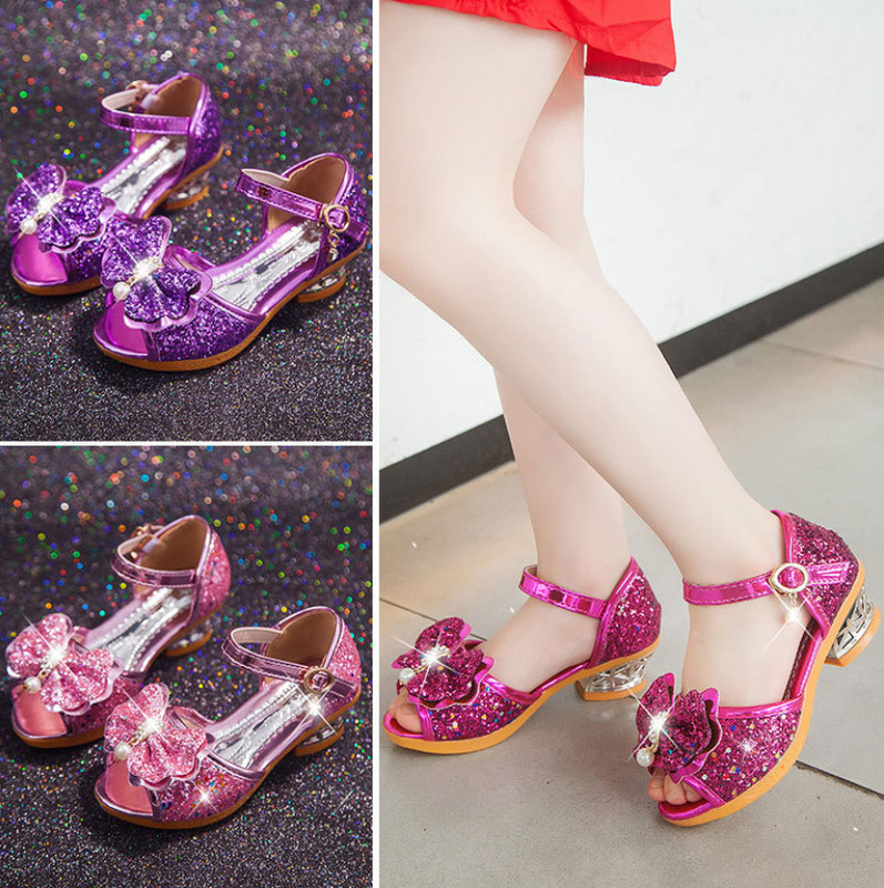 Girls Sandals Summer Children's Princess Shoes Little Girls High-heeled Bow-knot Crystal Sandals Party Dress Wedding 220409